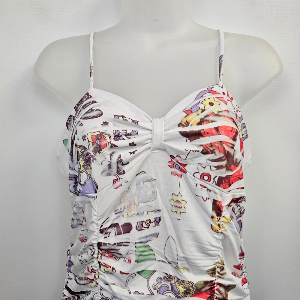 Y2K La Teen Mini Dress L White Pink Graphic Print Ruched Bodycon Babydoll NEW - Picture 8 of 12